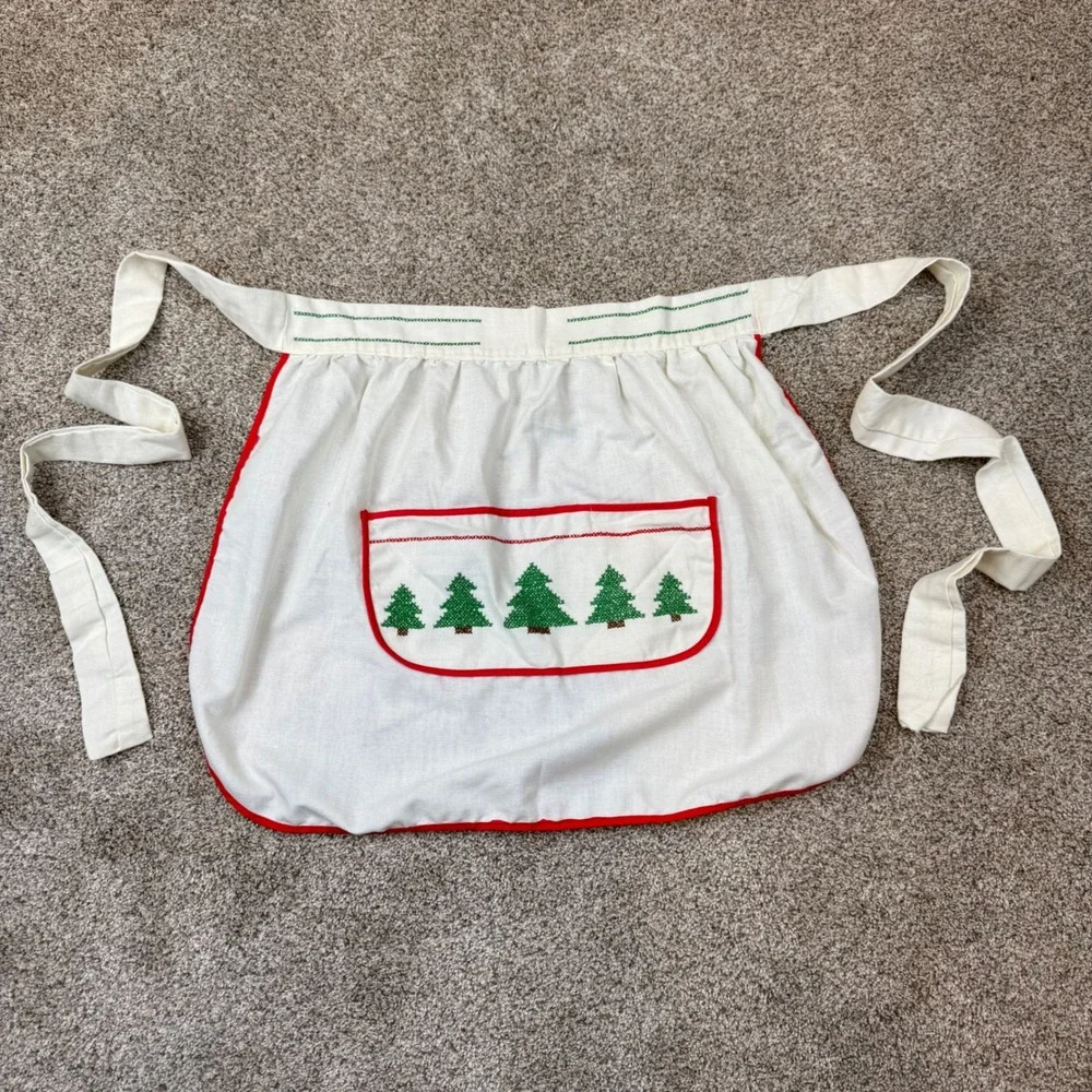 Vintage Christmas Tree Cross Stitch Half Apron White Red Green Holiday Hosting